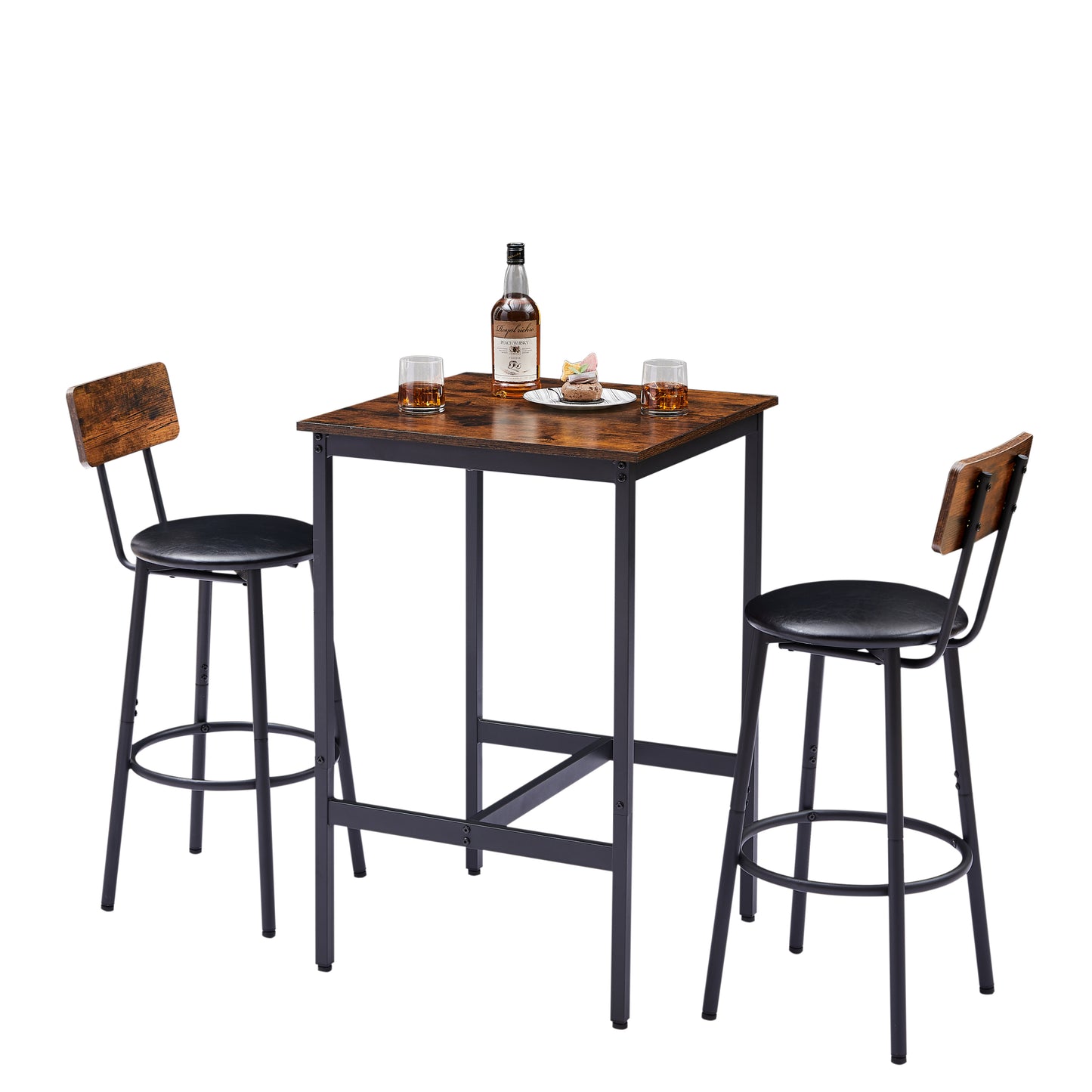 Bar Table Set with 2 Bar stools PU Soft seat with backrest, Rustic Brown, 23.62'' W x 23.62'' D x 35.43'' H