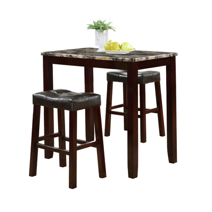 3-Piece Counter Height Glossy Print Marble Breakfast Table with Stools, Espresso