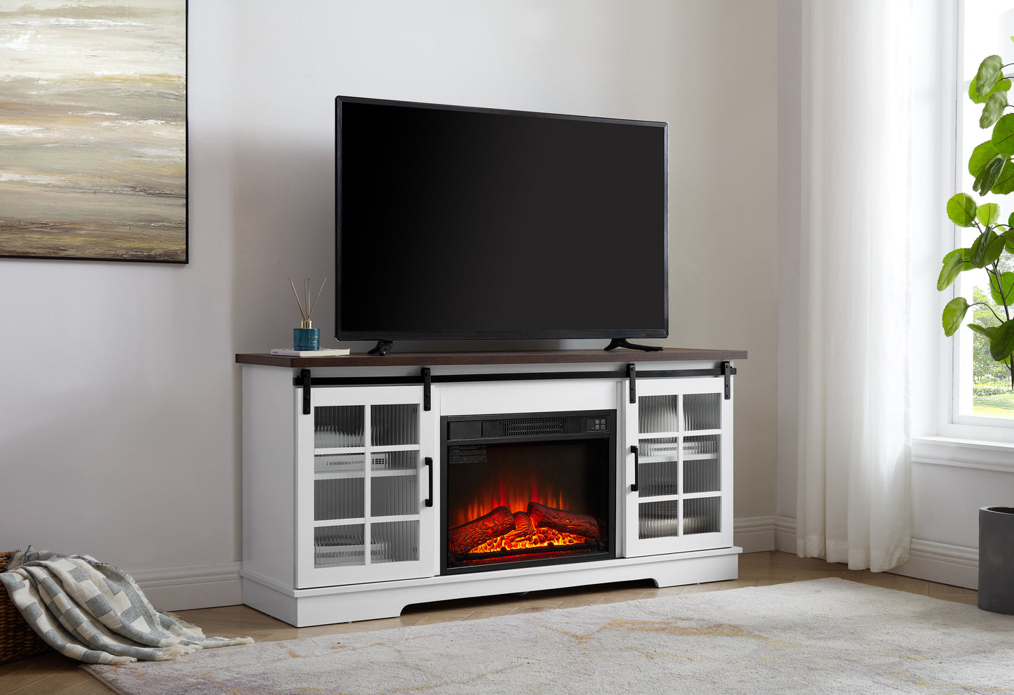 Multipurpose Sliding Door TV Cabinet Large Storage Cabinet with 2 Sliding Glass Doors, TV Storage Rack with 23" Fireplace TV Cabinet, WHITE+BROWN, 59.13"W*15.94"D*27.8"H