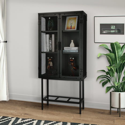 Industrial Cabinet Cupboard with 2 Metal Mesh Doors Adjustable Shelves and Feet Bottom Shelf Anti-Tip Dust-free Kitchen Credenza Sideboard Black