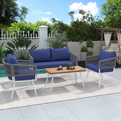 4-Piece Boho Rope Patio Furniture Set, Outdoor Furniture with Acacia Wood Table, Patio Conversation Set with Deep Seating & Thick Cushion for Backyard Porch Balcony, Navy Blue