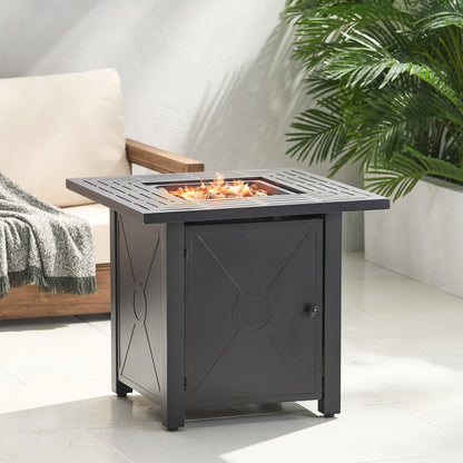 Outdoor Patio Propane Fire Pit 24.5'' H x 28'' W Square Iron Gas-burning Fire Table - 40,000 BTU, Tank in side, Black