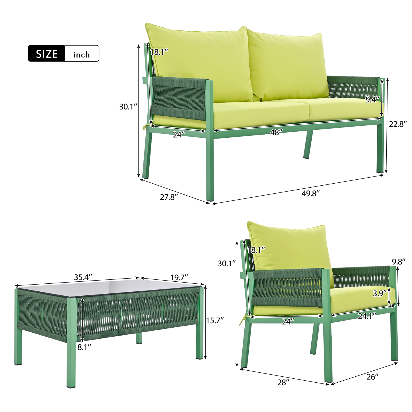 Rope Patio Furniture Set, Outdoor Furniture with Tempered Glass Table, Patio Conversation Set Deep Seating with Thick Cushion for Backyard Porch Balcony (Fluorescent Yellow & Green)