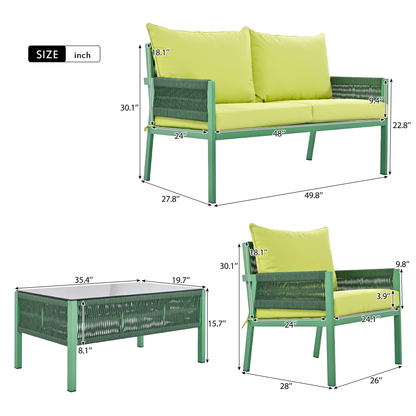 Rope Patio Furniture Set, Outdoor Furniture with Tempered Glass Table, Patio Conversation Set Deep Seating with Thick Cushion for Backyard Porch Balcony (Fluorescent Yellow & Green)