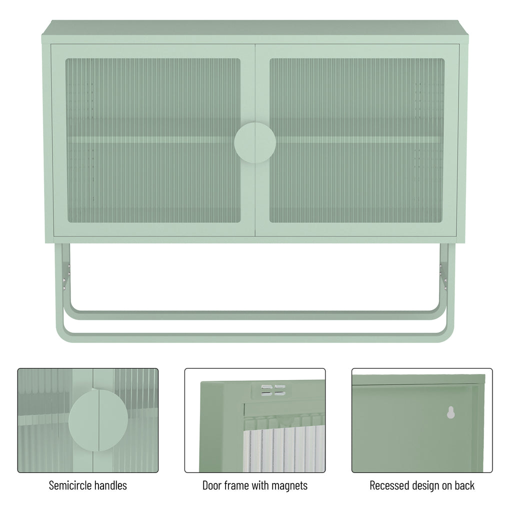 Stylish Tempered Glass Cabinet Credenza with 2 Fluted Glass Doors Adjustable Shelf U-shaped Leg Anti-Tip Dust-free Enclosed Cupboard for Kitchen Living Room Light Green