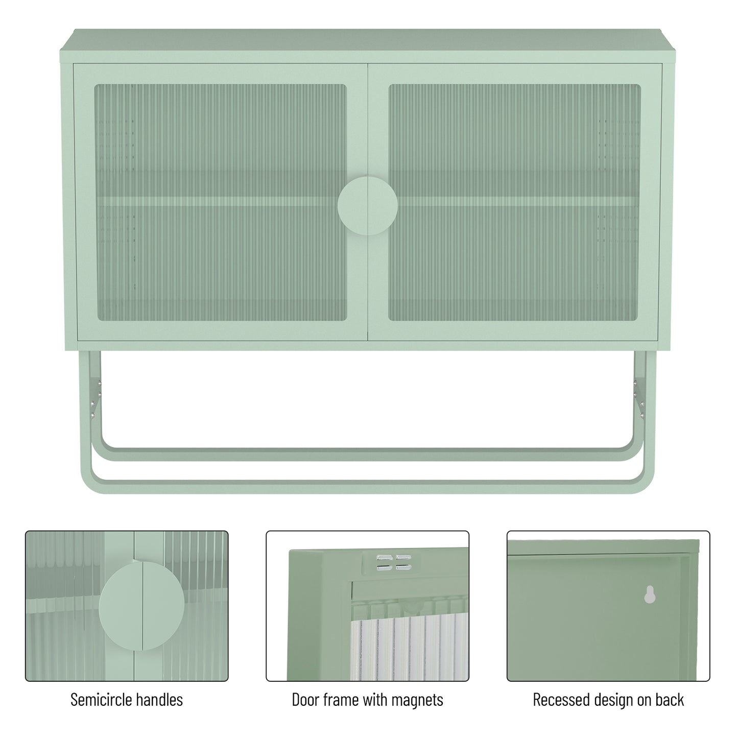 Stylish Tempered Glass Cabinet Credenza with 2 Fluted Glass Doors Adjustable Shelf U-shaped Leg Anti-Tip Dust-free Enclosed Cupboard for Kitchen Living Room Light Green