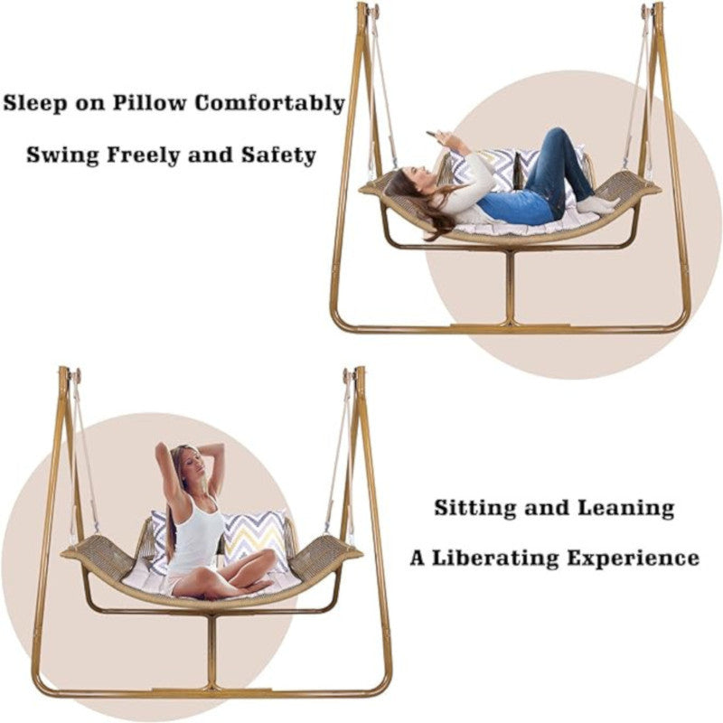 Hammock Swing Chair with Stand for Indoor,Outdoor, Anti-Rust Wood-Colored Frame 570 lbs Capacity with Cushion Oversized Double Hammock Chair for Patio Balcony Bedroom Ban on Amazon(OLD W1132P155978)