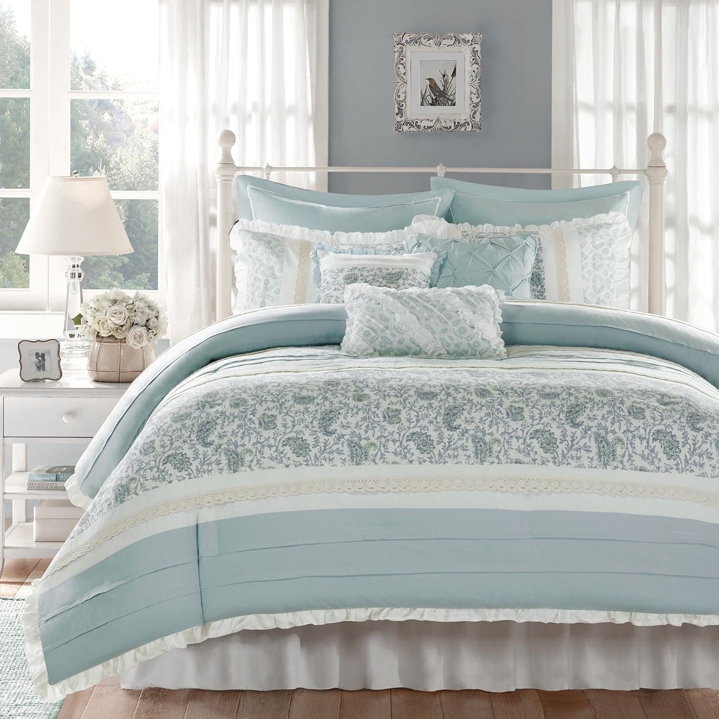 Aqua Blue King Size 9 pc. Shabby Chic Comforter Set