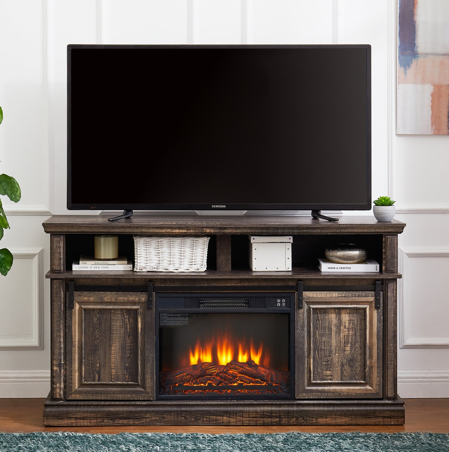 Modern Entertainment Console TV Stand with 23" Fireplace Insert, Multipurpose Sliding Door TV Cabinet Large Storage Space, 58.11"W*15.79"D*32.36"H Antique brown