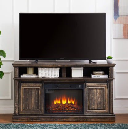 Modern Entertainment Console TV Stand with 23" Fireplace Insert, Multipurpose Sliding Door TV Cabinet Large Storage Space, 58.11"W*15.79"D*32.36"H Antique brown