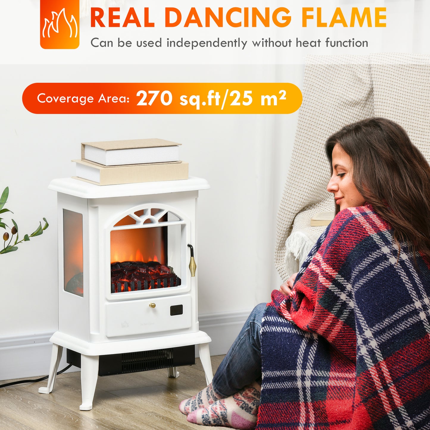 HOMCOM 23" Electric Infrared Fireplace Stove, Freestanding Fire Place Heater with Realistic Log Flame, Adjustable Temperature, Timer, 1000W/1500W, White