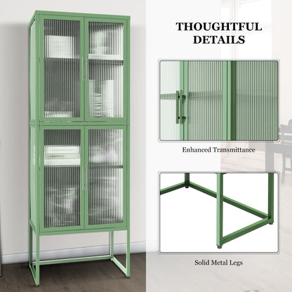 Stylish 4-Door Tempered Glass Cabinet with 4 Glass Doors Adjustable Shelves U-Shaped Leg Anti-Tip Dust-free Fluted Glass Kitchen Credenza Light Green