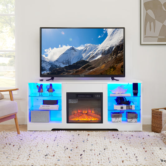 TV Stand Electric Fireplace TV Stand with Glass Shelves, 3D Fireplace TV Stand with LED Lights Wood with USB Charging Outlet Modern Television Table Center for TV up to 32-62" White 58''W*15.5''D*24.4