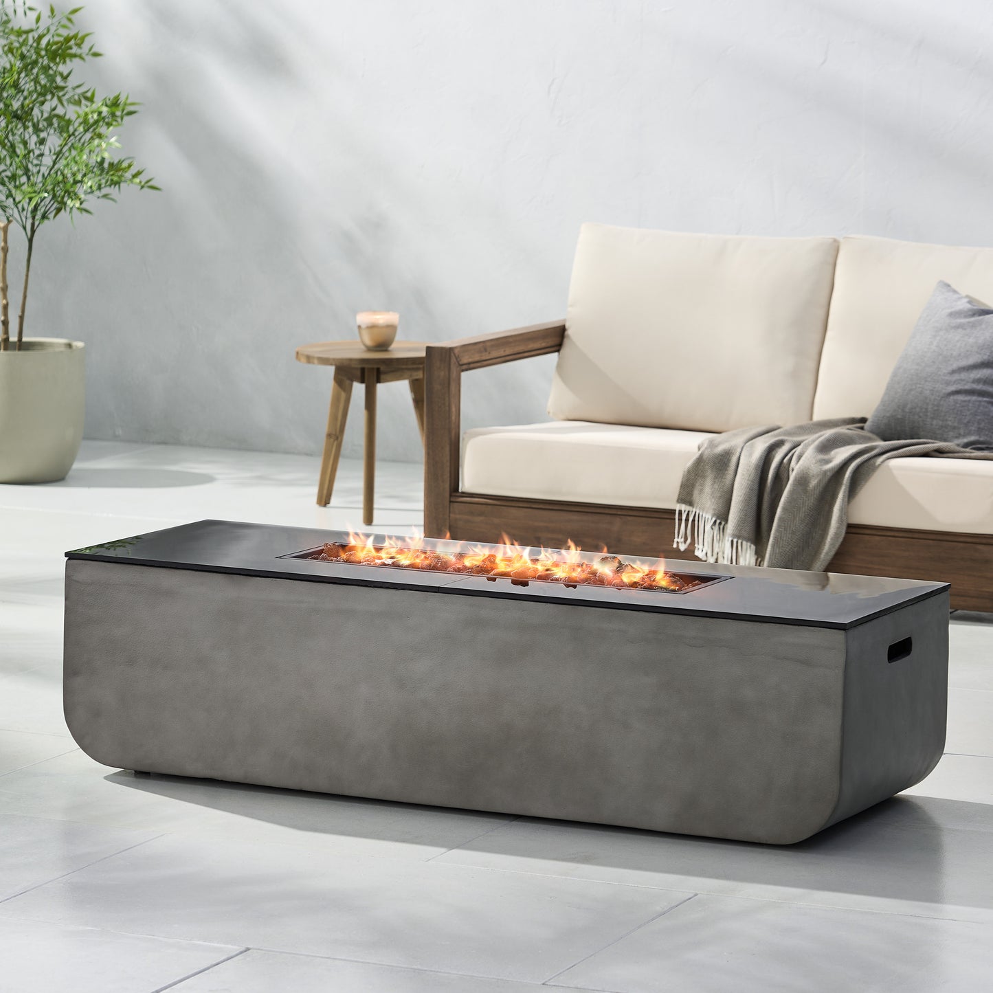 56" Outdoor Patio Concrete Fire table, Rectangle Gas Burning Fire Pit - 50, 000 BTU, Light Grey + Black Top (Tank Cover not Included)