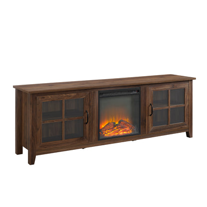 Modern Farmhouse 2-Door Glass Windowpane 70" Fireplace TV Stand for 80" TVs - Dark Walnut