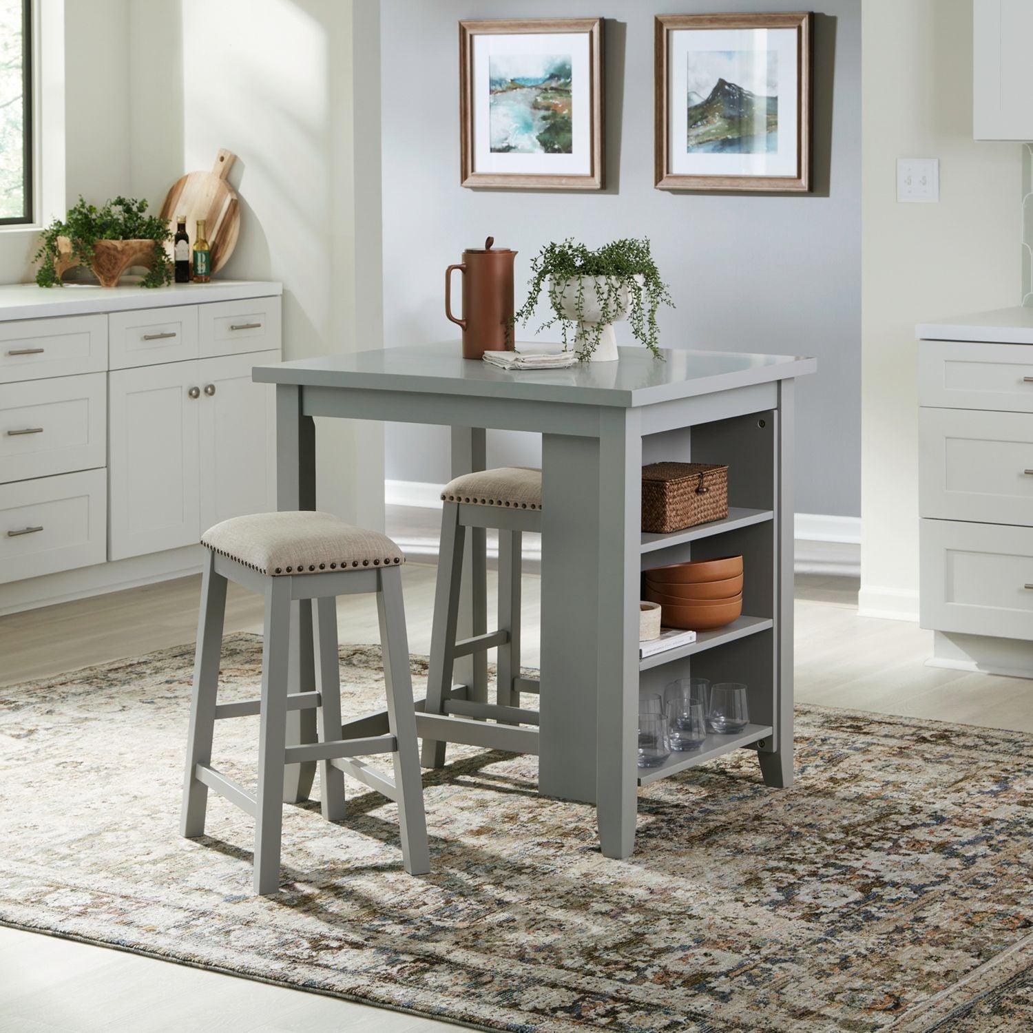 Bookshelf Kitchen Island with Two Barstools in Gray