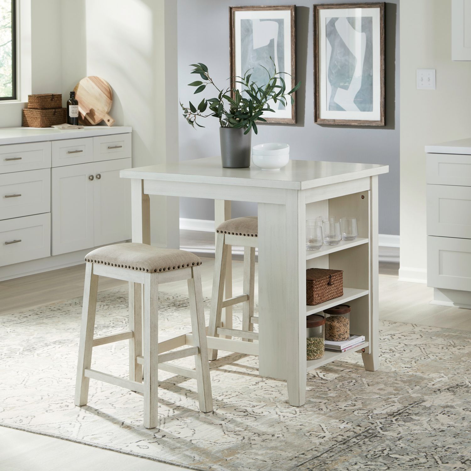 Bookshelf Kitchen Island with Two Barstools in White