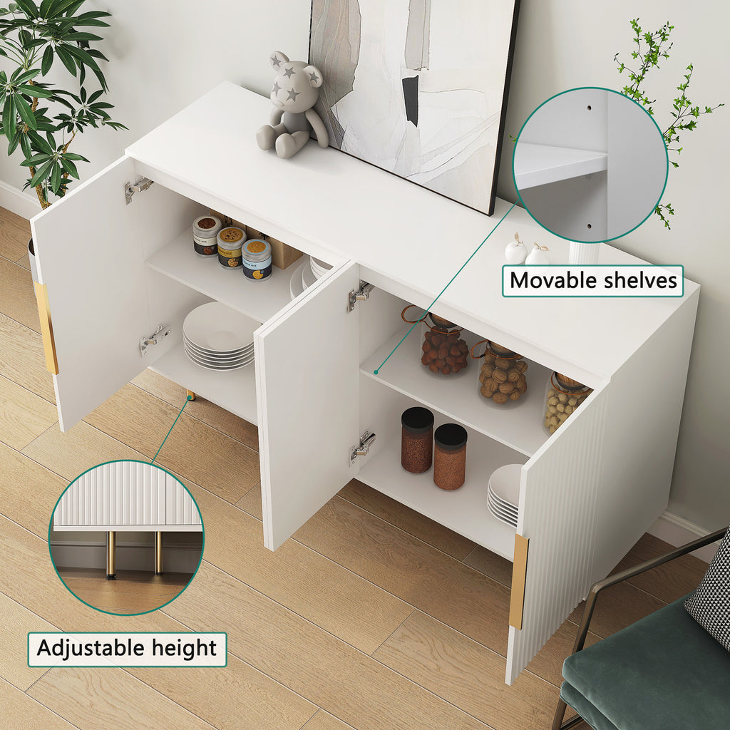 White Modern Buffet Cabinet with Storage, Fluted Sideboard Large Buffet with Adjustable Shelves, Credenza, Accent Cabinet Console Table