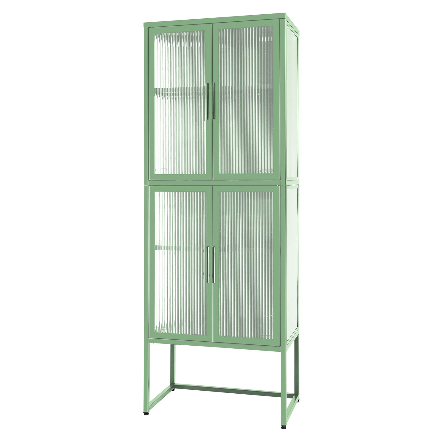 Stylish 4-Door Tempered Glass Cabinet with 4 Glass Doors Adjustable Shelves U-Shaped Leg Anti-Tip Dust-free Fluted Glass Kitchen Credenza Light Green