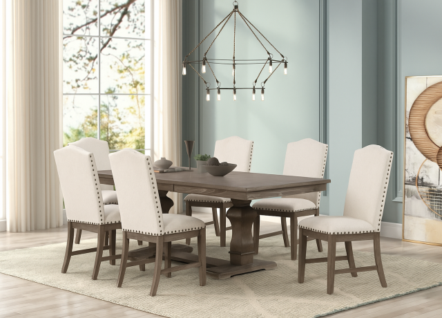 Weathered Brown Wood Upholstered Nail Trim Dining Room Set