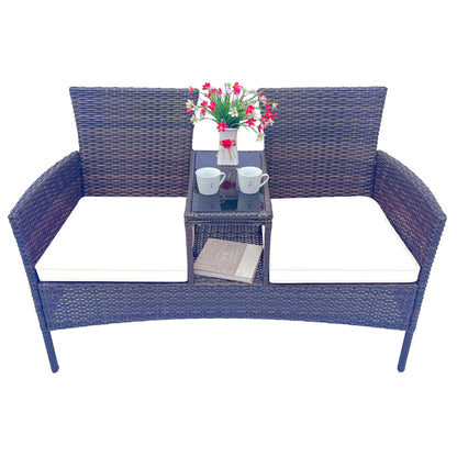 Wicker Patio Conversation Furniture Set, Outdoor Furniture Set with Removable Cushions & Table, Tempered Glass Top, Modern Rattan Bench for Garden Lawn Backyard