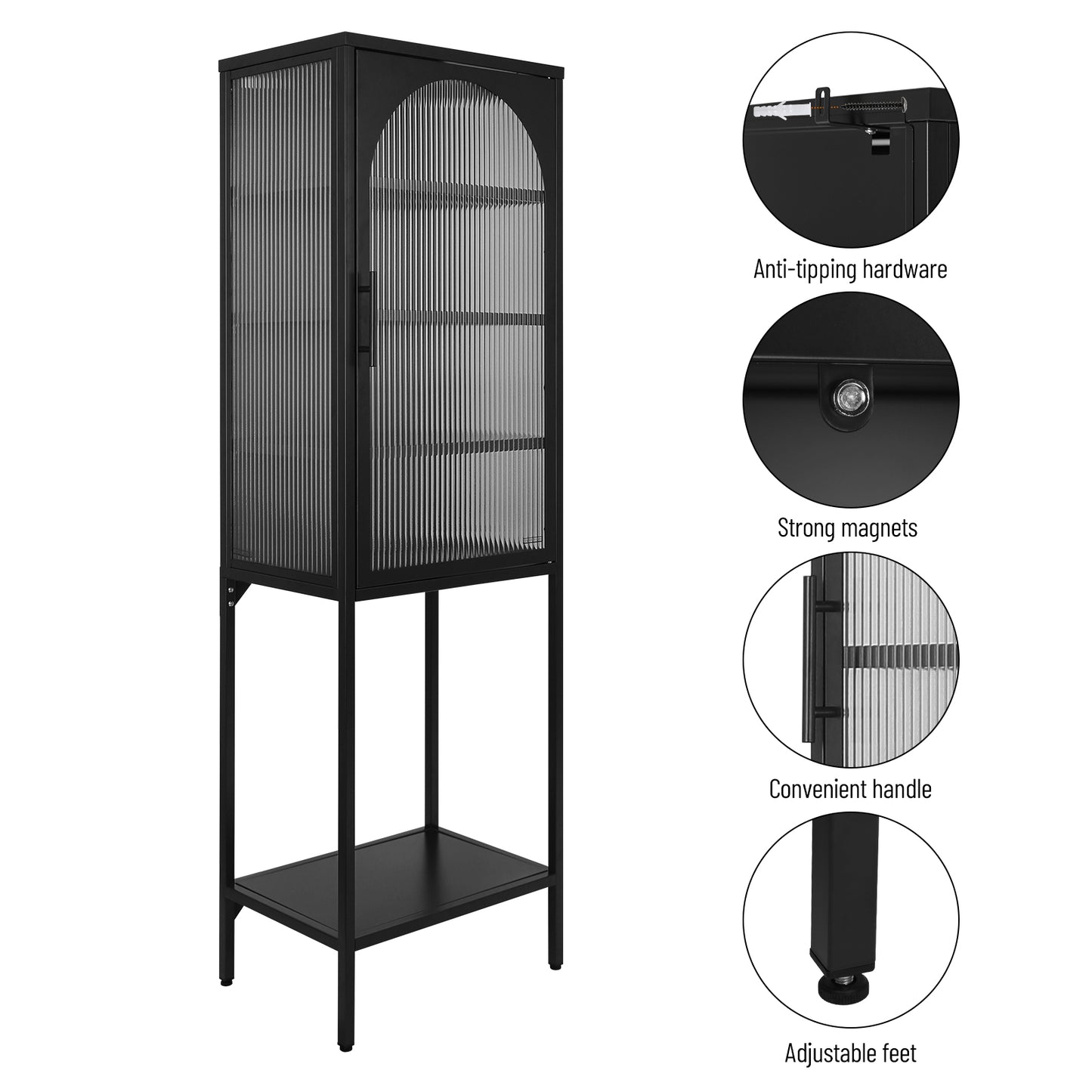 Stylish Tempered Glass High Cabinet with Arched Door Adjustable Shelves and Feet Anti-Tip Dust-free Fluted Glass Kitchen Credenza Black