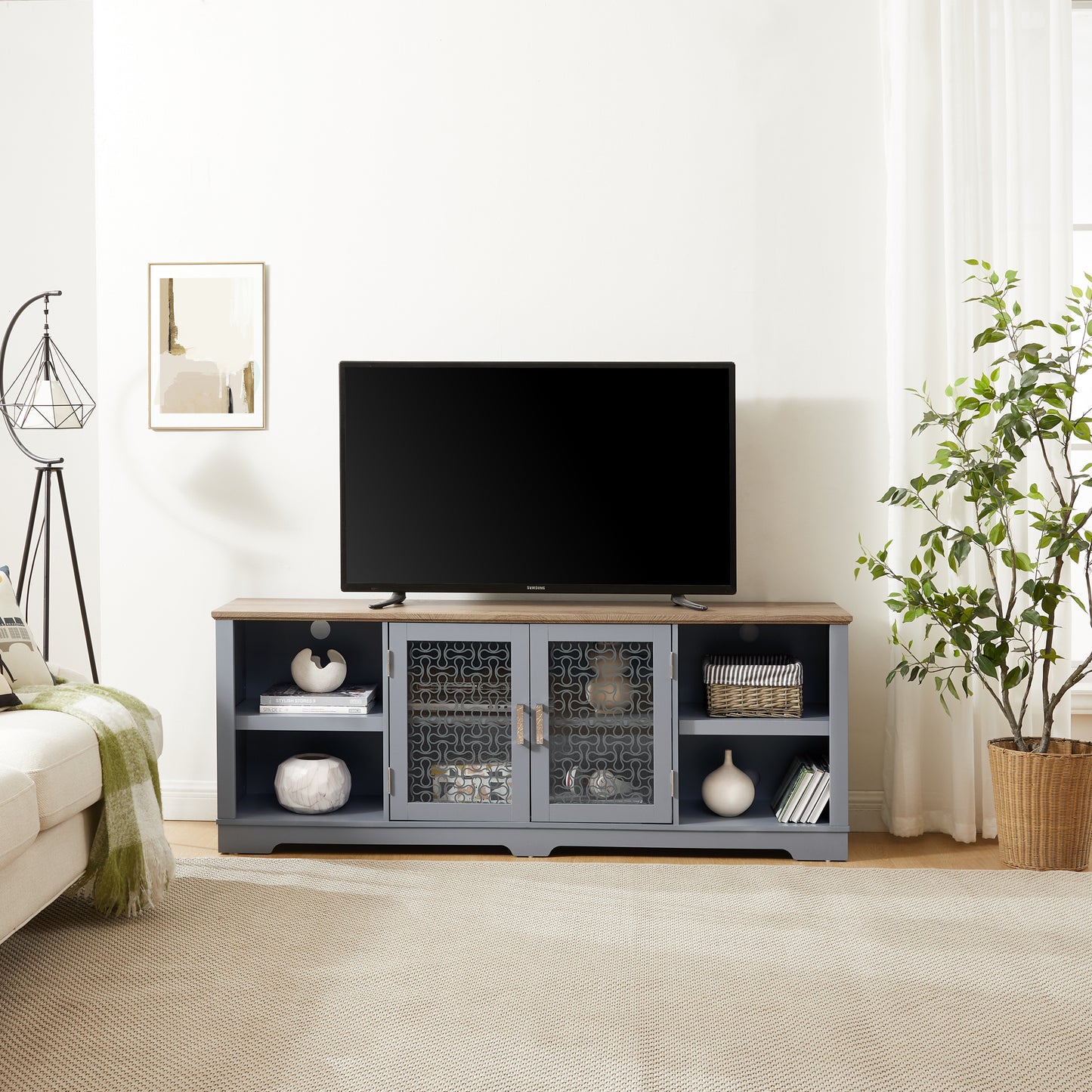 Modern Farmhouse TV Media Stand, Large Home Entertainment Console, for TV Up to 80'', with Open Shelves and Glass Door Cabinets, Light Blue and Light Oak, 70"W*15.55"D*26.85"H