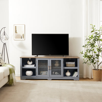 Modern Farmhouse TV Media Stand, Large Home Entertainment Console, for TV Up to 80'', with Open Shelves and Glass Door Cabinets, Light Blue and Light Oak, 70"W*15.55"D*26.85"H