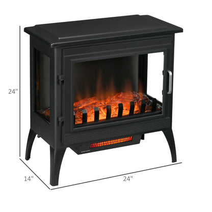 24" Electric Fireplace Stove, Freestanding Infrared Fire Place Heater with Realistic Logs Flame, Adjustable Temperature, Overheat Protection, 1000W/1500W, Black