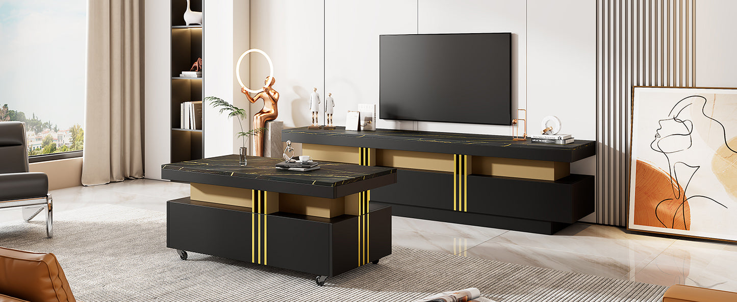 ON-TREND Modern Luxury TV Stand and Coffee Table Set of 2, High Gloss Faux Marble Top, TV Stand for TVs Up to 78'', Rectangle Coffee Table with Caster Wheels for Living Room, Black