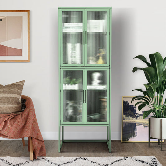 Stylish 4-Door Tempered Glass Cabinet with 4 Glass Doors Adjustable Shelves U-Shaped Leg Anti-Tip Dust-free Fluted Glass Kitchen Credenza Light Green