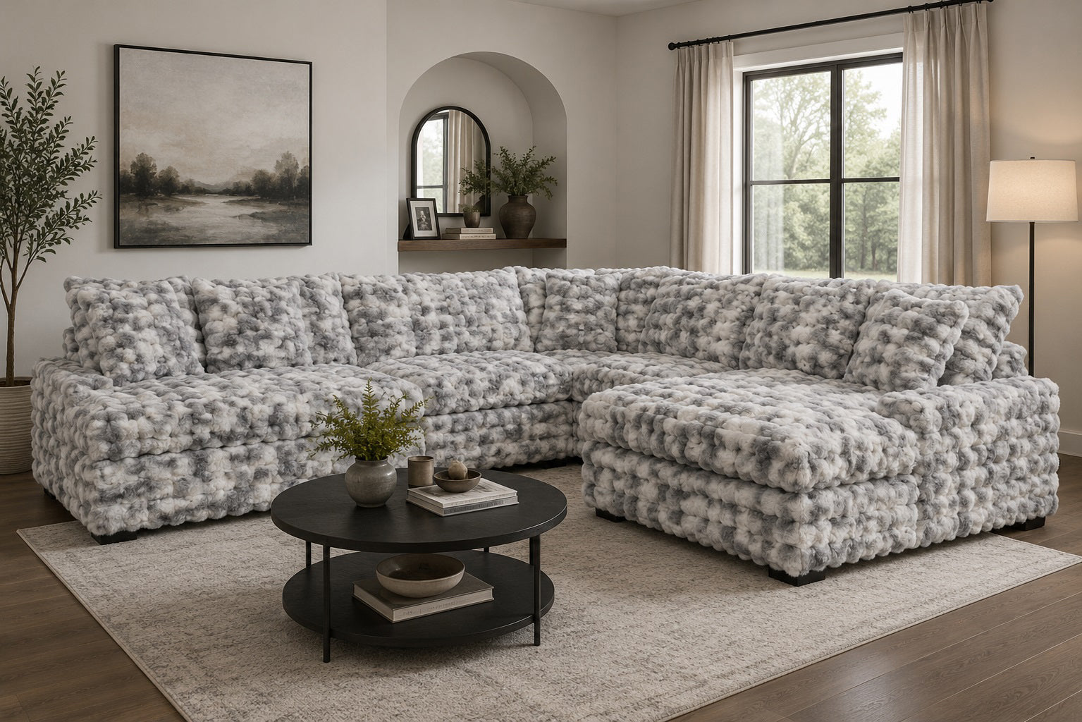 Phantom Cement Super Soft Teddy Bear Fabric Chaise Sectional
