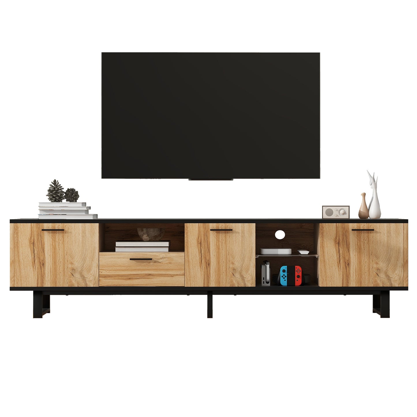 Modern TV Stand with 4 Cabinets& Open Shelves, Color-matching Media Console Table for TVs up to 80'', Entertainment Center with Drop Down Door for Living Room, Bedroom, Home Theatre