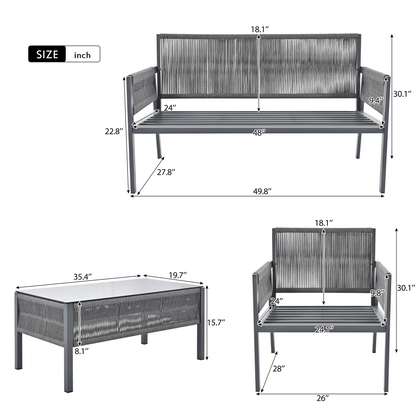 K&K 4-Piece Rope Patio Furniture Set, Outdoor Furniture with Tempered Glass Table, Patio Conversation Set Deep Seating with Thick Cushion for Backyard Porch Balcony (Grey)