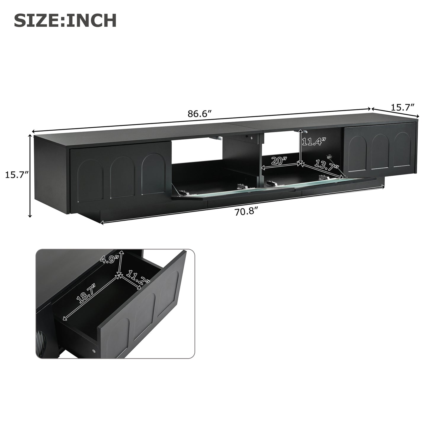 ON-TREND TV Stand with Fluted tempered Glass Doors for TVs Up to 95'', Functional Media Console with Arched Cabinet Doors, Entertainment Center with APP-Controlled LED Light for Living Room, Black