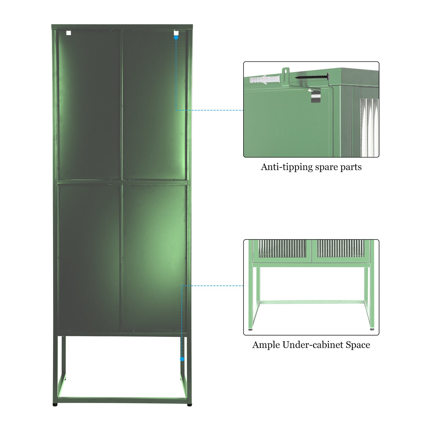 Stylish 4-Door Tempered Glass Cabinet with 4 Glass Doors Adjustable Shelves U-Shaped Leg Anti-Tip Dust-free Fluted Glass Kitchen Credenza Light Green