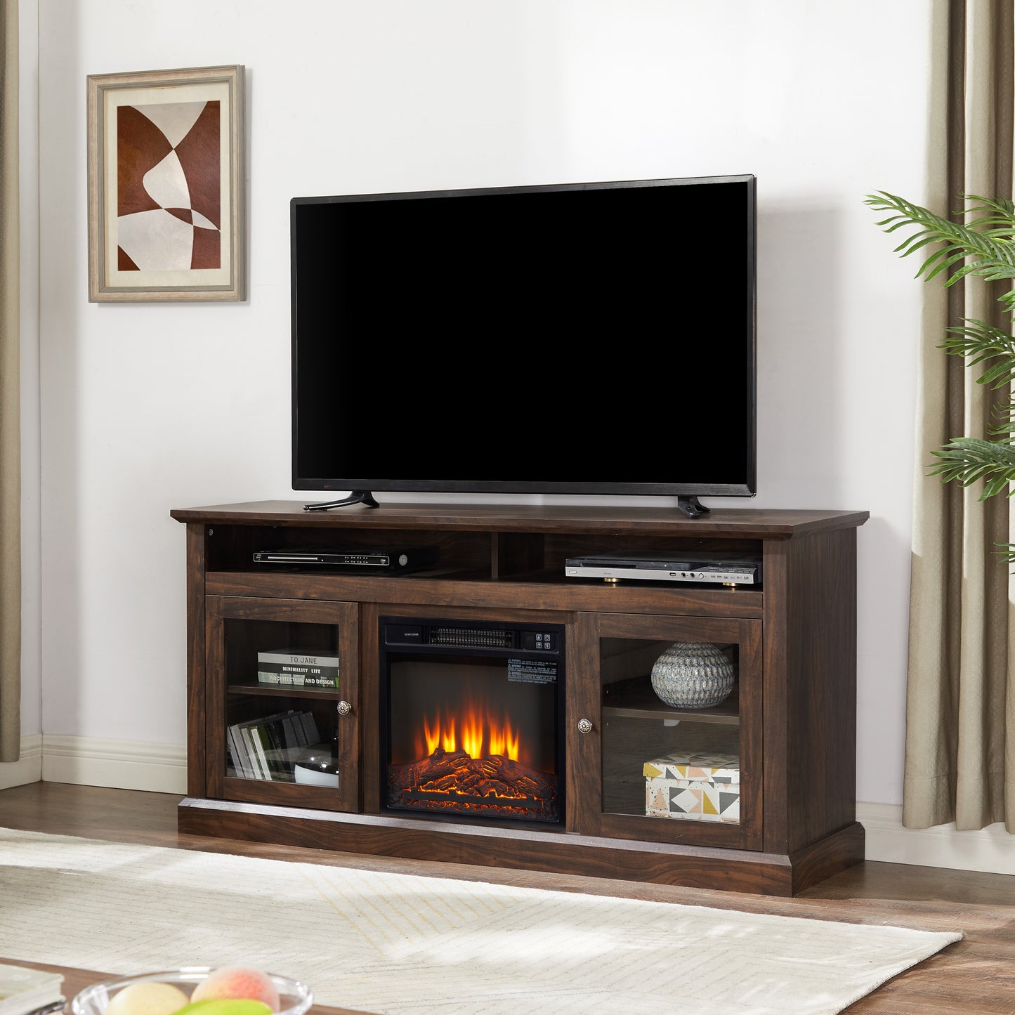 TV Stand for 65 inch TV, Entertainment Center with 18" Fireplace Insert TV Console Cabinet for Living Room/Bedroom Brown, 60"W*15.75"D*29"H