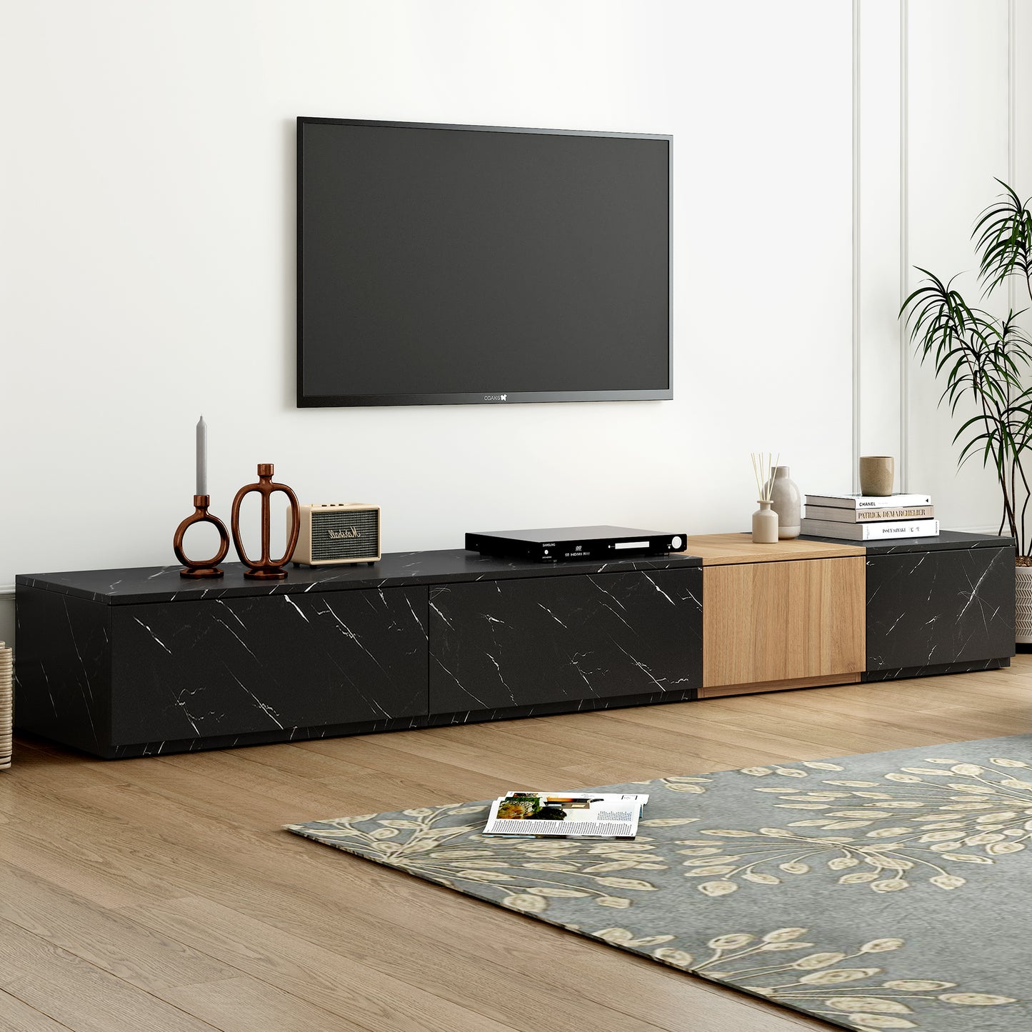 ON-TREND TV Stand with Faux Marble and Walnut Wood Grain Finish for TVs up to 88'', Modern Free-Combination Entertainment Center with 4 Storage Drawers for Living Room, Black