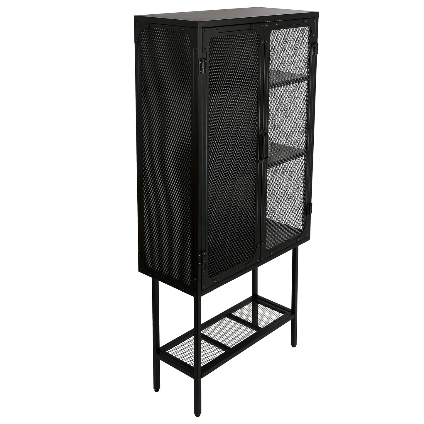 Industrial Cabinet Cupboard with 2 Metal Mesh Doors Adjustable Shelves and Feet Bottom Shelf Anti-Tip Dust-free Kitchen Credenza Sideboard Black