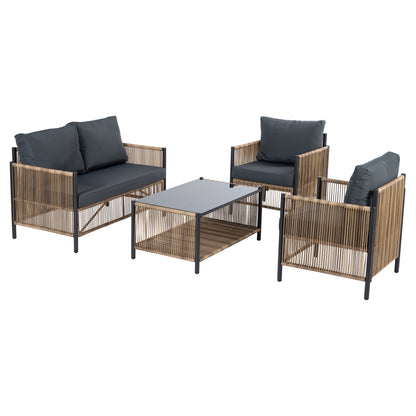 Patio 4 Pieces Brown PE Wicker Sofa Set with Grey Cushion