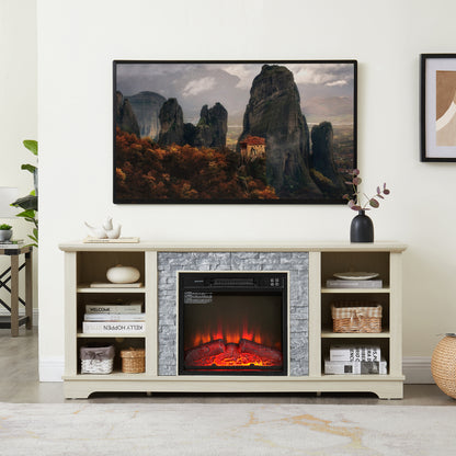 Mantel Electric Fireplace Stone TV Media Stand, Open Storage Modern Entertainment Console  Space with 18" Fireplace Insert, White, 58.31"W*15.39"D*26.06"H