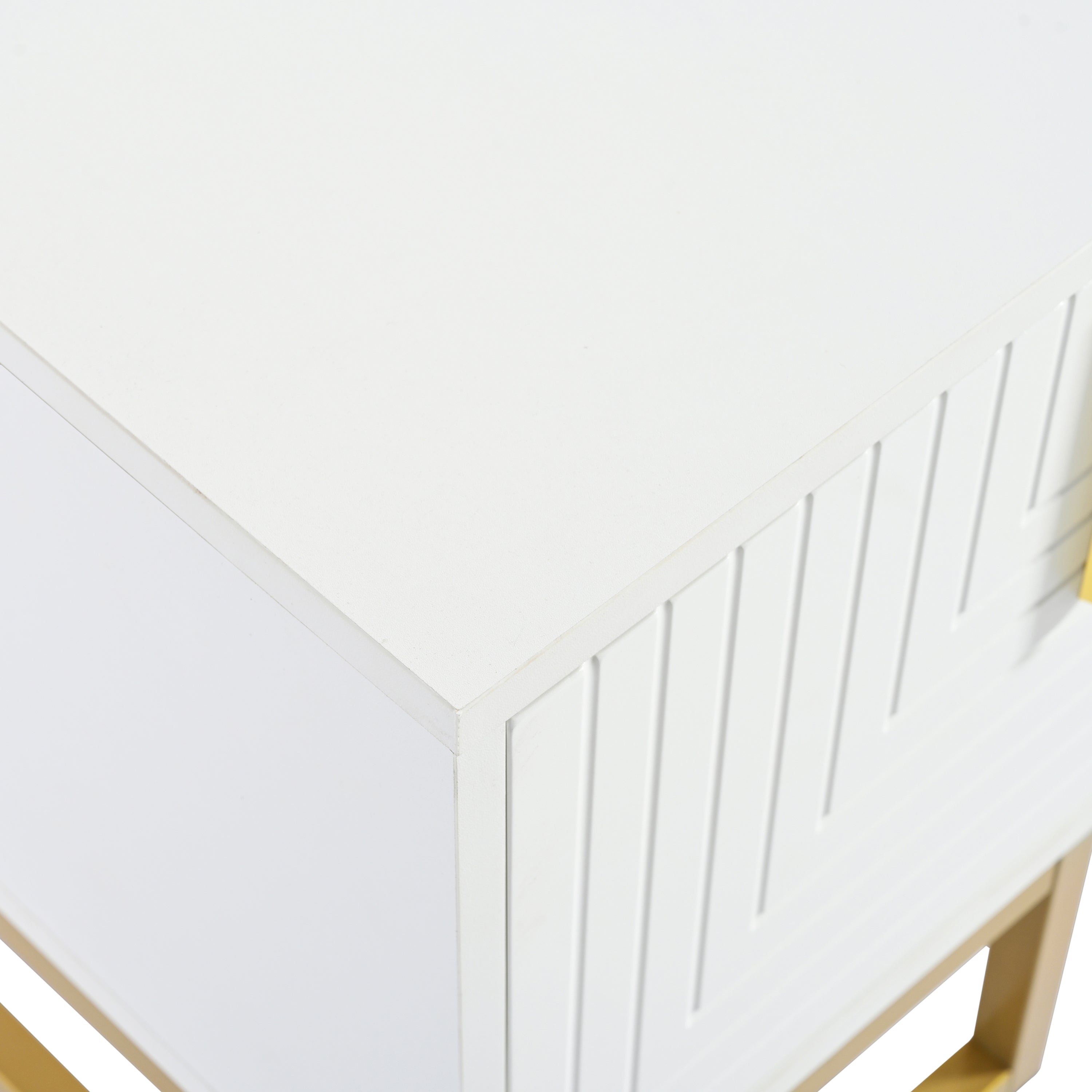 ON-TREND Modern TV Stand with Metal Legs and Gold Handles for TVs Up to 80'', Media Console Table with Cabinets and Adjustable Shelves, Luxury TV Cabinet with Geometric Lines for Living Room, White