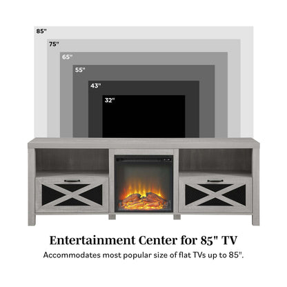 Industrial Farmhouse Metal Mesh Drop-Down X-Door 70" Fireplace TV Stand for 80" TVs - Stone Grey