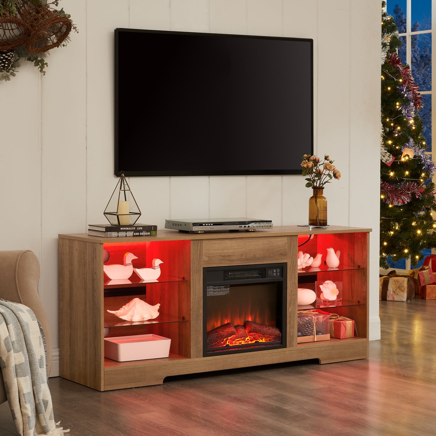 TV Stand Electric Fireplace  Glass Shelves, 3D Fireplace TV Stand with LED Lights Wood with USB Charging Outlet Modern Television Table Center for TV up to 62" OAK 58''W*15.5''D*24.4