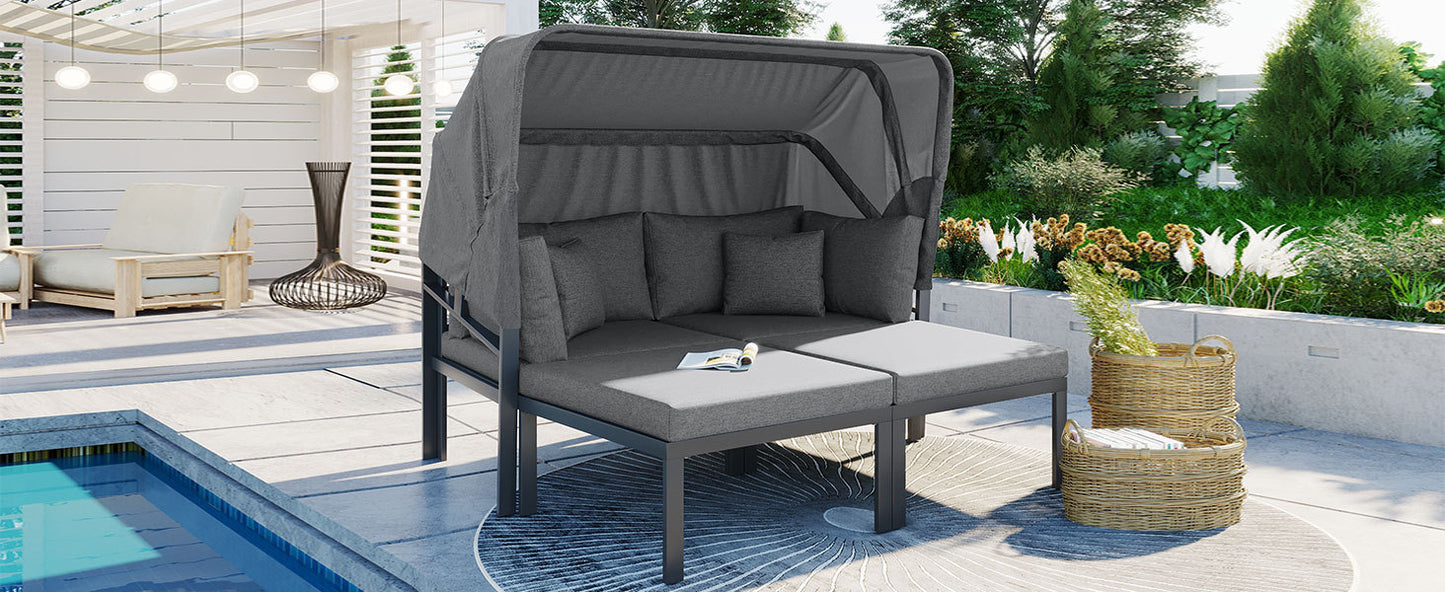 TOPMAX 3-Piece Patio Daybed with Retractable Canopy Outdoor Metal Sectional Sofa Set Sun Lounger with Cushions for Backyard, Porch, Poolside,Grey