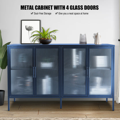 Stylish 4-Door Tempered Glass Cabinet with 4 Glass Doors Adjustable Shelf and Feet Anti-Tip Dust-free Fluted Glass Kitchen Credenza Blue