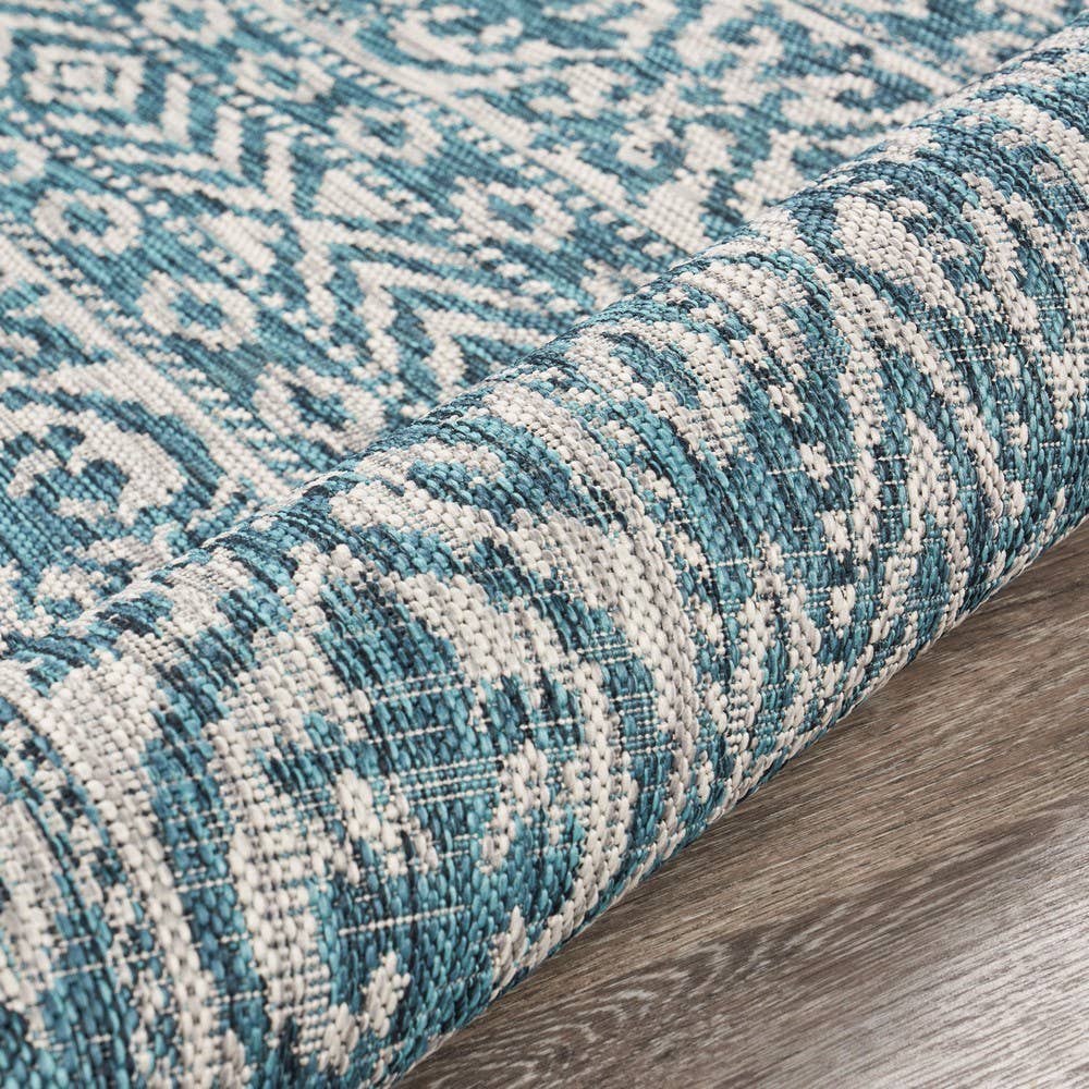 Sylvestra Geometric Blue/Green Indoor/Outdoor Area Rug: Ivory/Teal / 5' x 8'