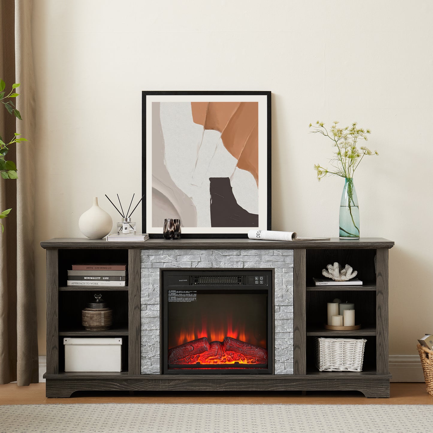 Mantel Electric Fireplace Stone TV Media Stand with Faux Stacked Stone Surround, Modern Entertainment Console with Open Storage Space with 18" Fireplace Insert ,Grey, 58.31"W*15.39"D*26.06"H