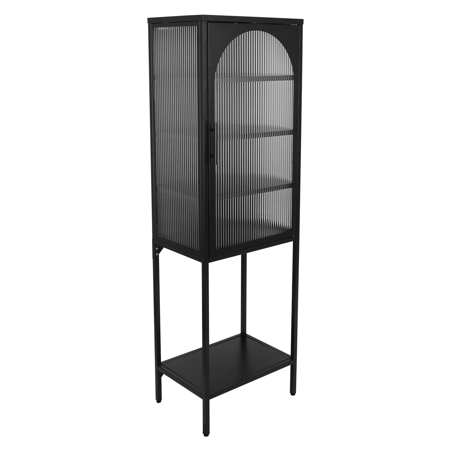 Stylish Tempered Glass High Cabinet with Arched Door Adjustable Shelves and Feet Anti-Tip Dust-free Fluted Glass Kitchen Credenza Black