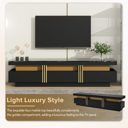 ON-TREND Modern Luxury TV Stand and Coffee Table Set of 2, High Gloss Faux Marble Top, TV Stand for TVs Up to 78'', Rectangle Coffee Table with Caster Wheels for Living Room, Black